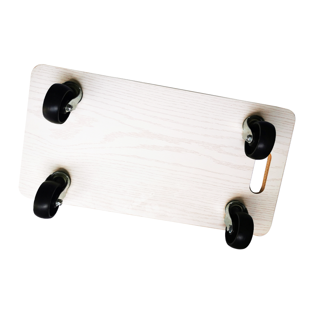 PP flatbed with black wheels and melamine wood grain coloured sealed edges